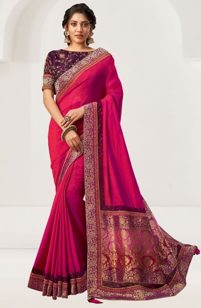 Rani Pink Designer Embroidered Saree