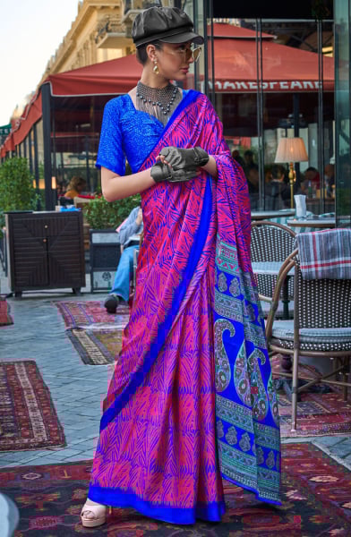 Rani Pink Digital Print Satin Crepe Saree