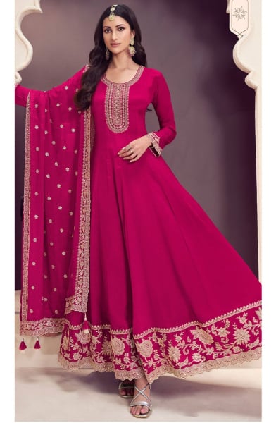 Rani Pink Embroidered Chinnon Anarkali Suit