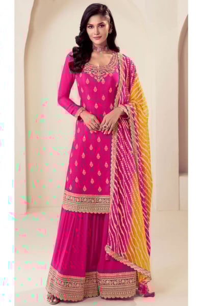 Rani Pink Embroidered Chinnon Palazzo Kameez for Festival