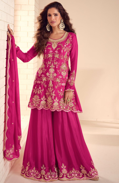 Rani Pink Embroidered Chinnon Palazzo Kameez