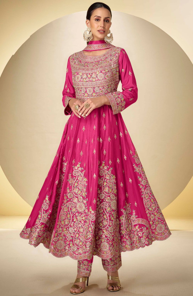 Rani Pink Embroidered Chinnon Pant Kameez