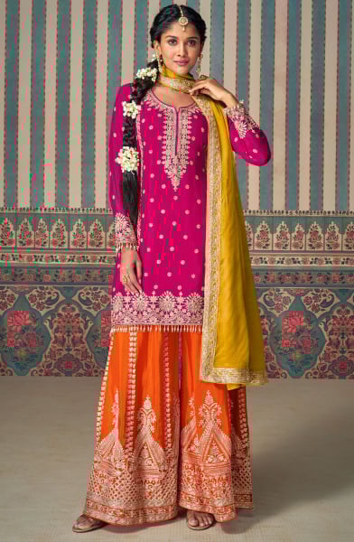 Rani Pink Embroidered Chinnon Silk Designer Palazzo Suit