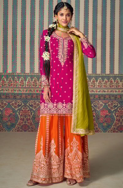Rani Pink Embroidered Chinnon Silk Designer Palazzo Suit