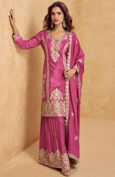 Rani Pink Embroidered Chinnon Silk Palazzo Kameez for Festival