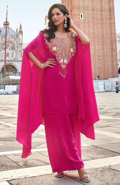 Rani Pink Embroidered Crepe Silk Kaftan with Palazzo
