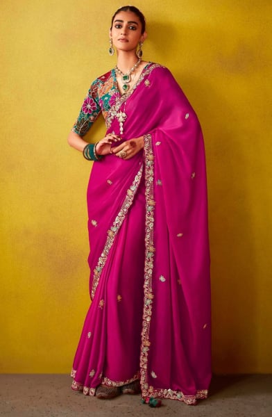 Rani Pink Embroidered Designer Saree for Ceremonial