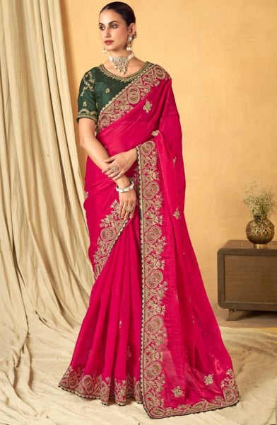 Rani Pink Embroidered Designer Saree for Wedding