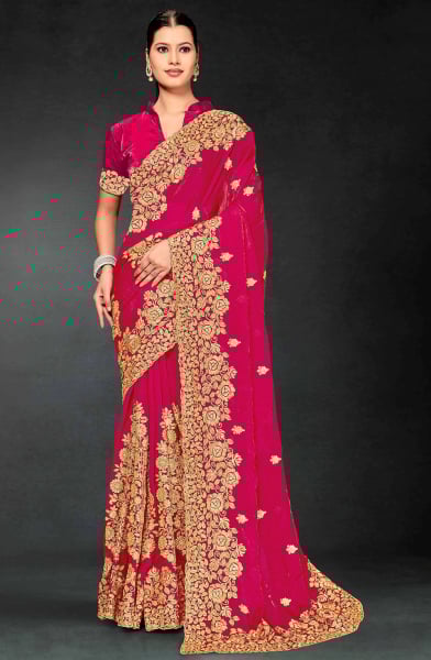 Rani Pink Embroidered Fendi Silk Saree