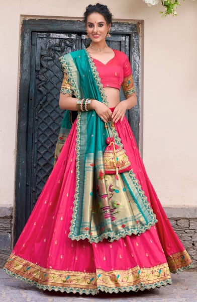 Rani Pink Embroidered Jacquard Silk Lehenga Choli