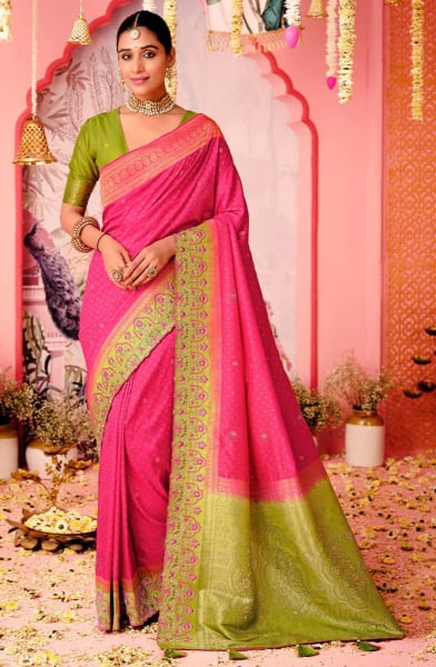 Rani Pink Embroidered Nylon Dola Silk Saree