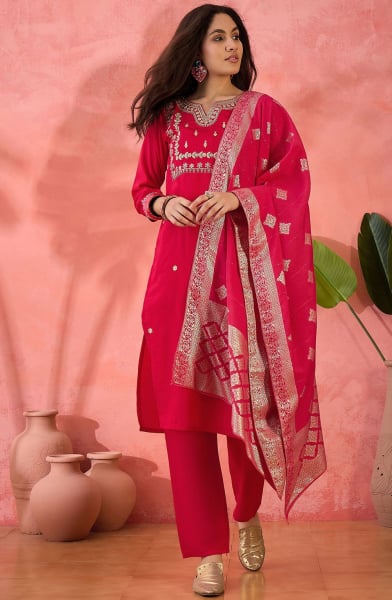 Rani Pink Embroidered Roman Silk Readymade Suit