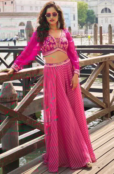 Rani Pink Embroidered Silk Designer IndoWestern