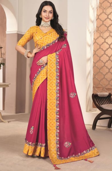 Rani Pink Embroidered Silk Designer Saree