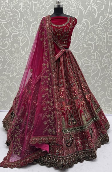 Rani Pink Embroidered Velvet Bridal Lehenga Choli