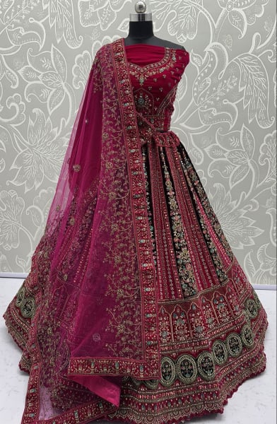 Rani Pink Embroidered Velvet Bridal Lehenga Choli