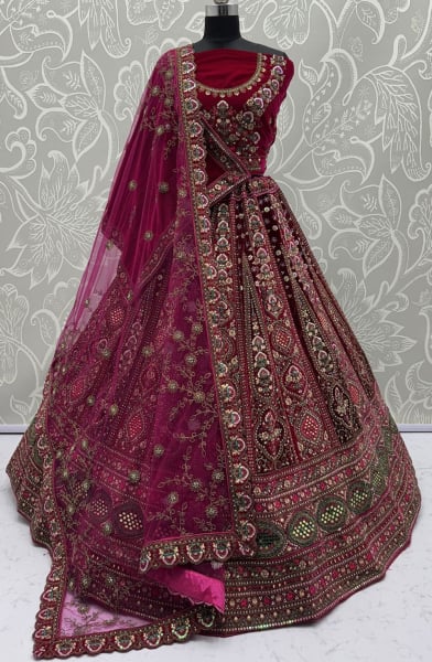 Rani Pink Embroidered Velvet Bridal Lehenga Choli