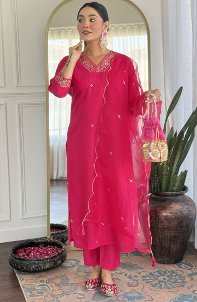 Rani Pink Embroidered Viscose Chanderi Readymade Pant Kameez