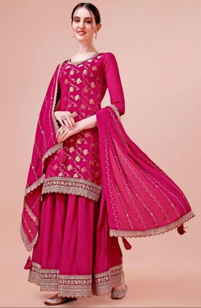 Rani Pink Embroidered Viscose Chinnon Sarara Kameez