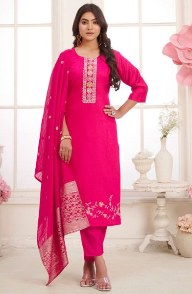 Rani Pink Embroidered Viscose Silk Readymade Suit