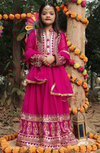 Rani Pink Faux Georgette Kids Gown with Dupatta