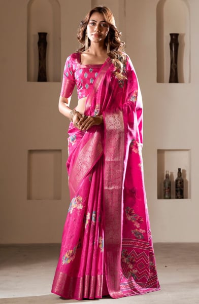 Rani Pink Foil Print Dola Silk Saree