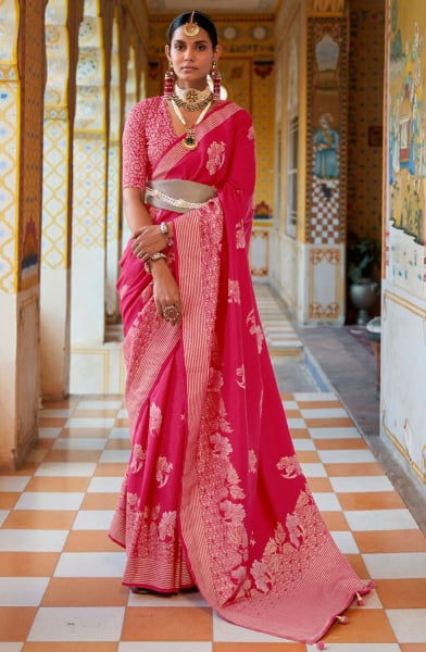 Rani Pink Foil Print Silk Saree for Ceremonial