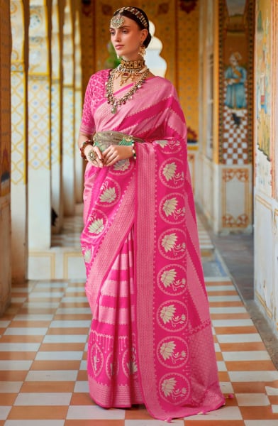 Rani Pink Foil Print Silk Saree for Ceremonial