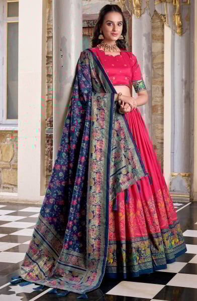 Rani Pink Foil Print Tussar Silk Lehenga Choli