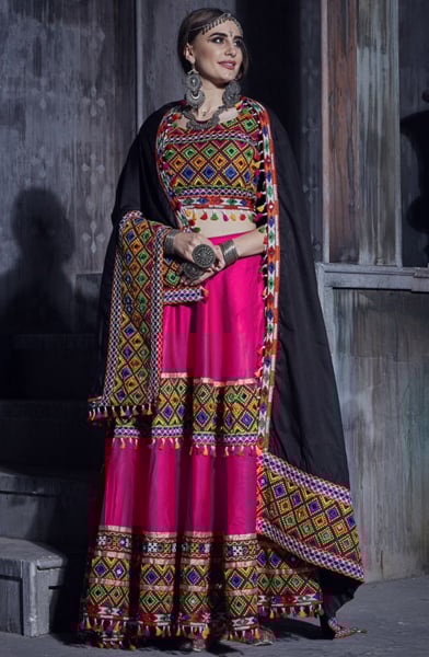 Rani Pink Gamthi Work Cotton Chaniya Choli for Festival