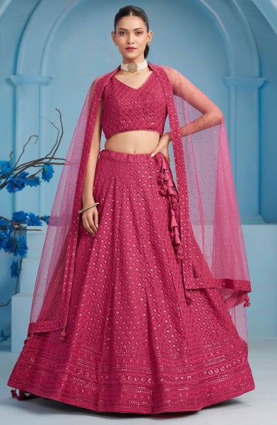 Rani Pink Georgette Embroidered Lehenga Choli for Wedding