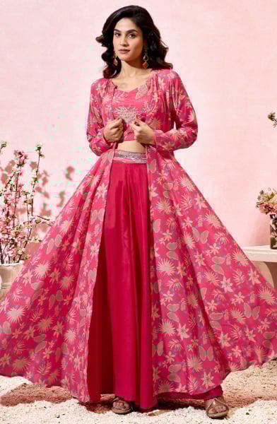 Rani Pink Handwork Crepe IndoWestern