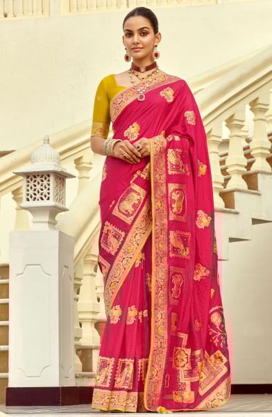 Rani Pink Handwork Dola Silk Saree