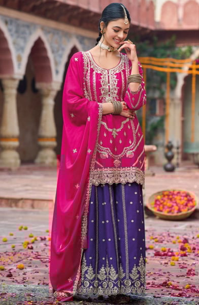 Rani Pink Heavy Embroidered Chinnon Readymade Palazzo Kameez