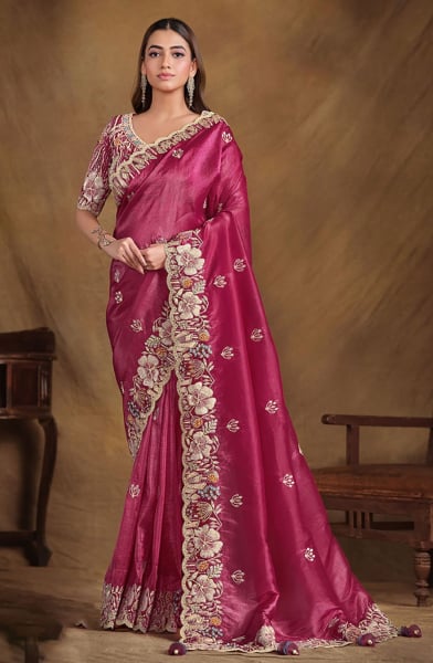Rani Pink Heavy Embroidered Designer Saree