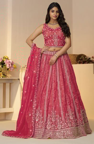 Rani Pink Heavy Embroidered Lehenga Choli for Wedding