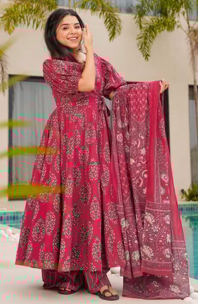 Rani Pink Heavy Mul Cotton Readymade Palazzo Kameez Suit