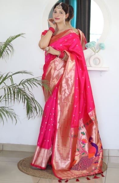Rani Pink Meenakari Woven Paithani Silk Saree