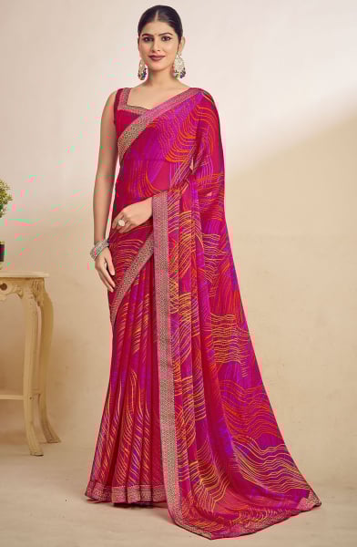 Rani Pink Printed Chiffon Saree