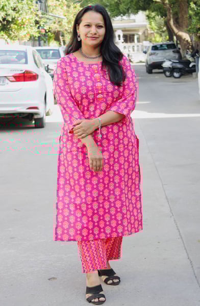 Rani Pink Printed Cotton Kurti with Pant