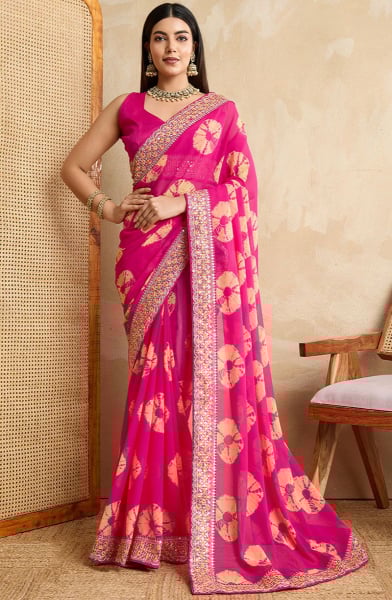 Rani Pink Printed Georgette Saree