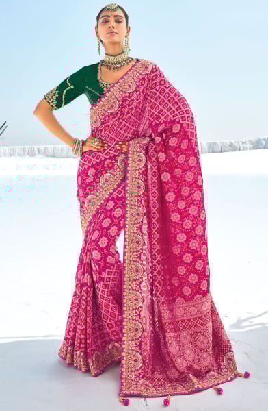 Rani Pink Pure Georgette Bandhani Patola Saree with Double Blouse