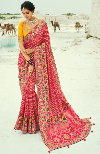 Rani Pink Pure Georgette Bandhej Designer Saree