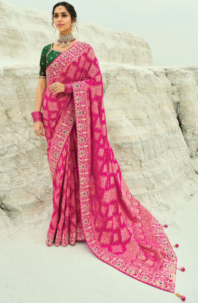 Rani Pink Pure Georgette Bandhej Designer Saree