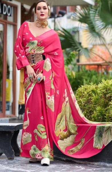Rani Pink Pure Georgette Printed Saree