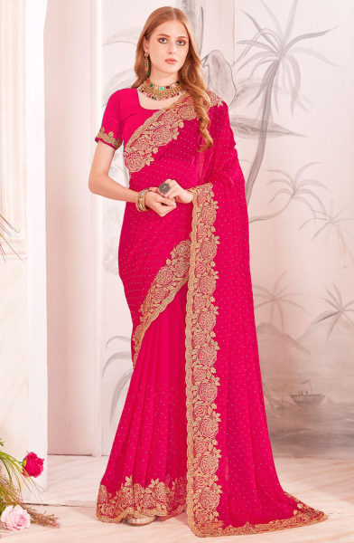 Rani Pink Resham Embroidered Fendi Silk Saree