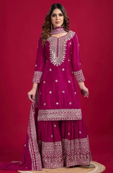 Rani Pink Sequins Embroidered Chinnon Sarara Kameez