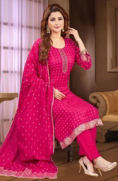 Rani Pink Silk Embroidered Readymade Suit