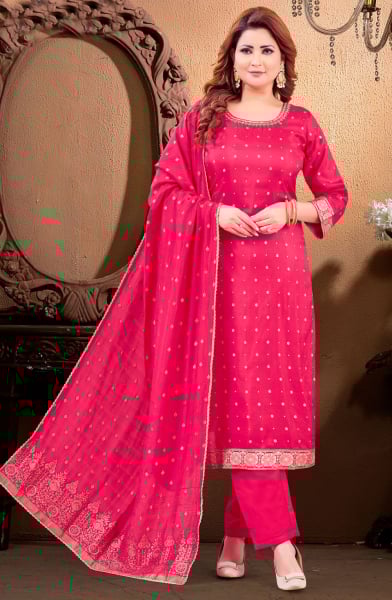 Rani Pink Silk Embroidered Readymade Suit