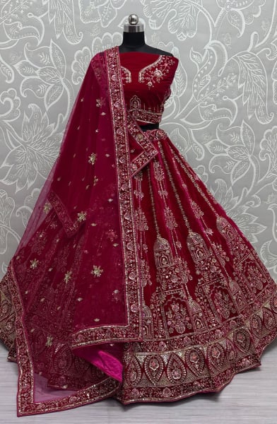 Rani Pink Velvet Bridal Lehenga Choli with Double Dupatta